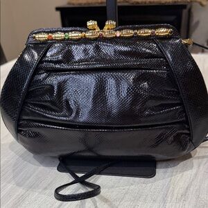 Vintage Judith Leiber Karung Black Lizard Skin and Gold Clutch with Dust Bag